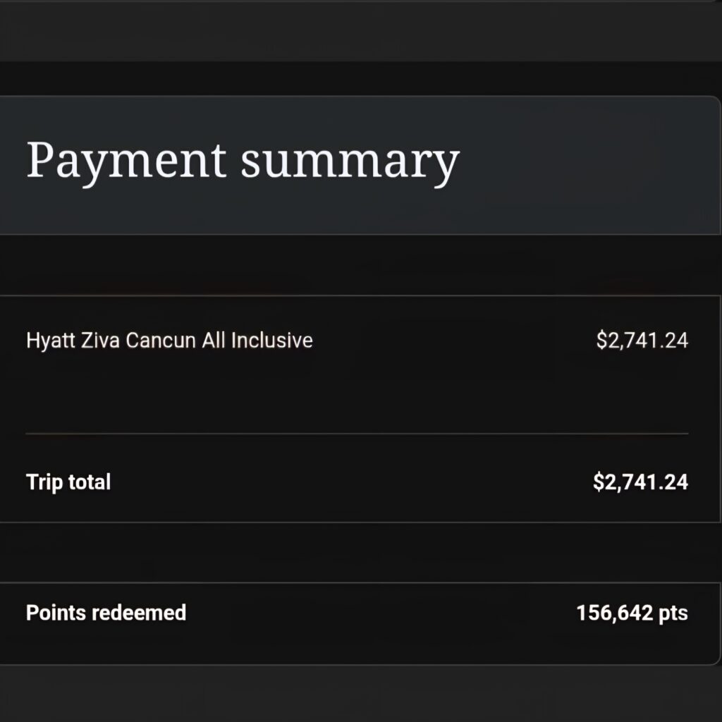 Hyatt Ziva Cancunのペイメントサマリー。合計2,741.24ドル、ポイント利用156,642ポイントと表示された予約支払い画面のスクリーンショット。
